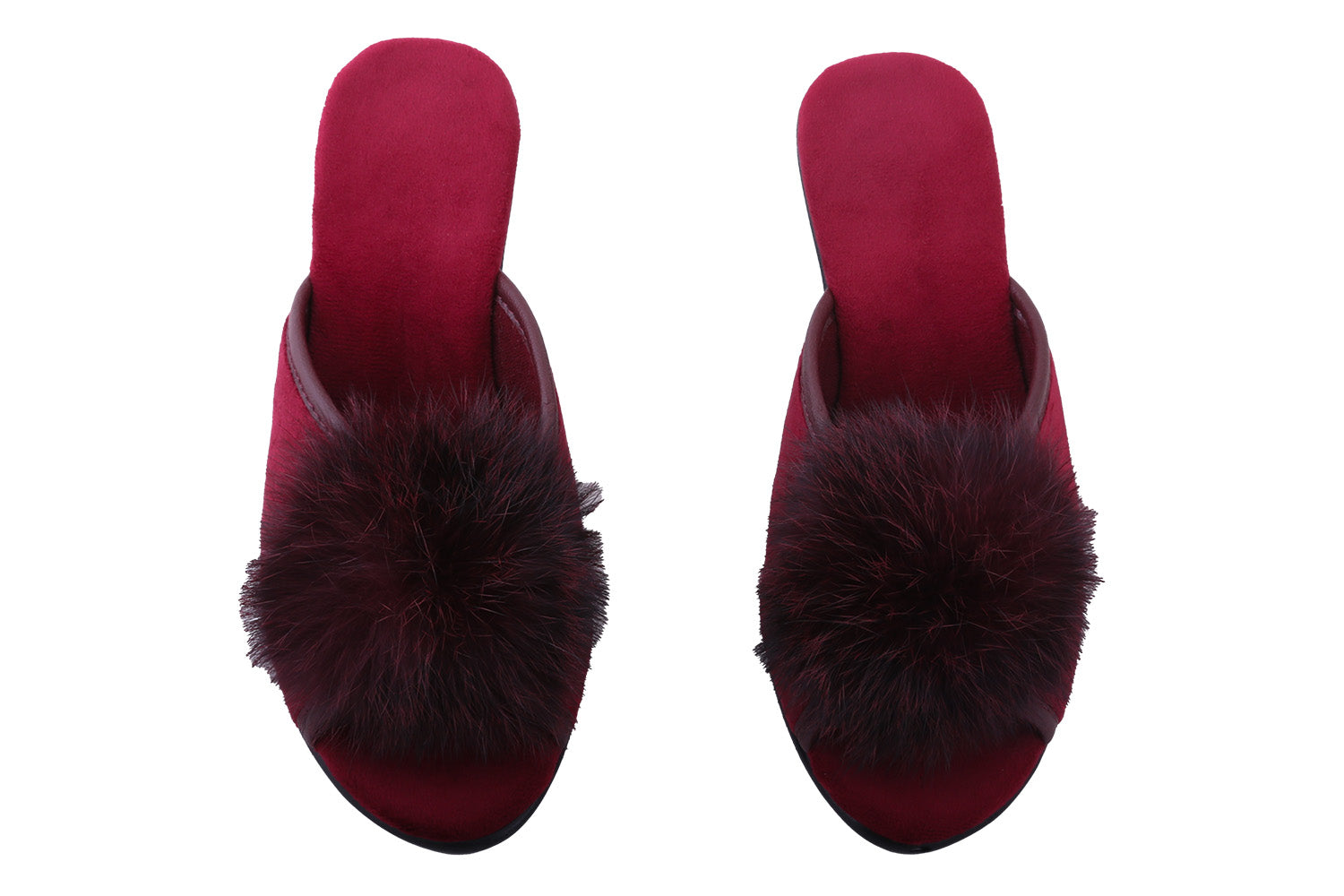 Indoor women's open slippers made of burgundy velvet, decorated with fur.