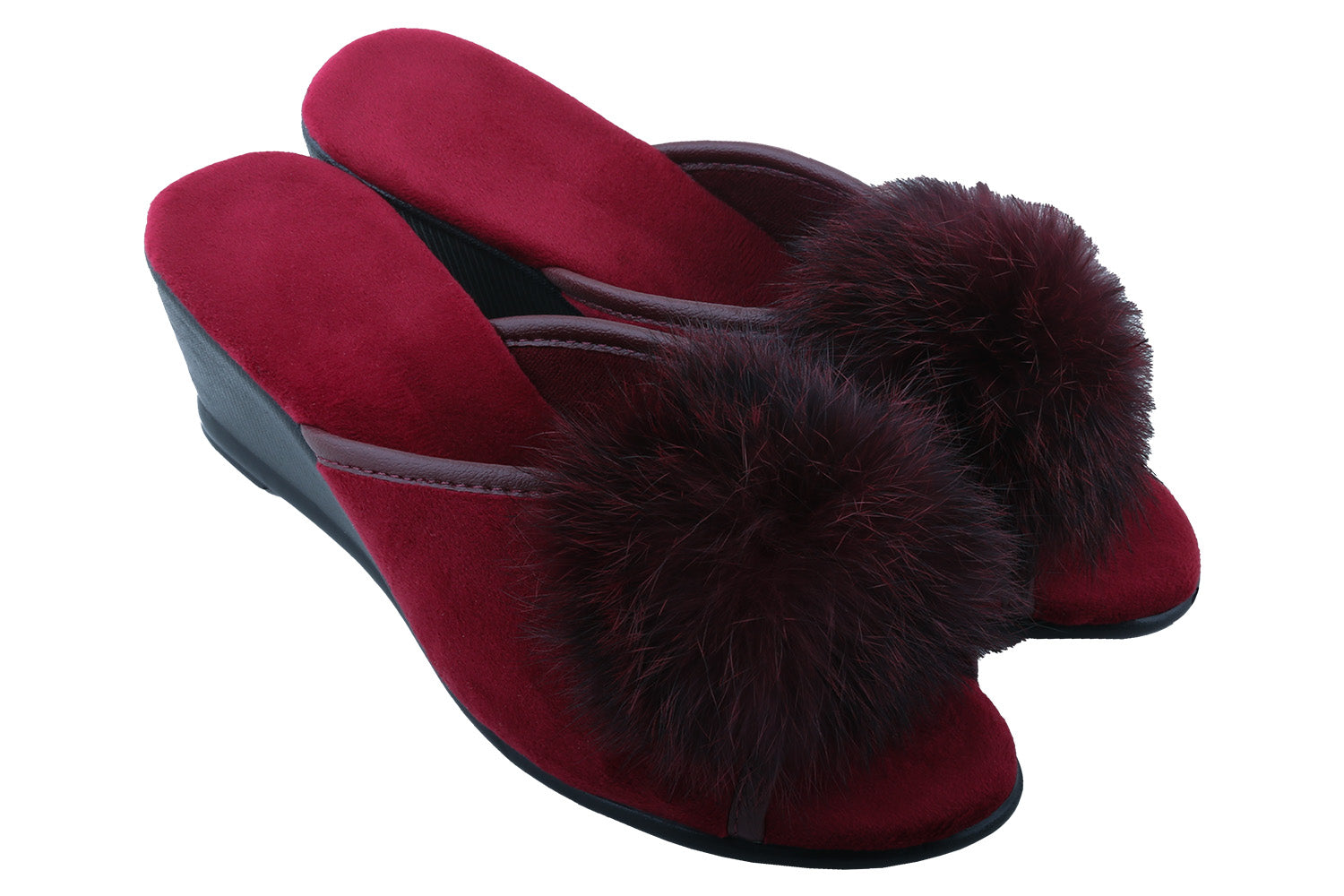 Indoor women's open slippers made of burgundy velvet, decorated with fur.