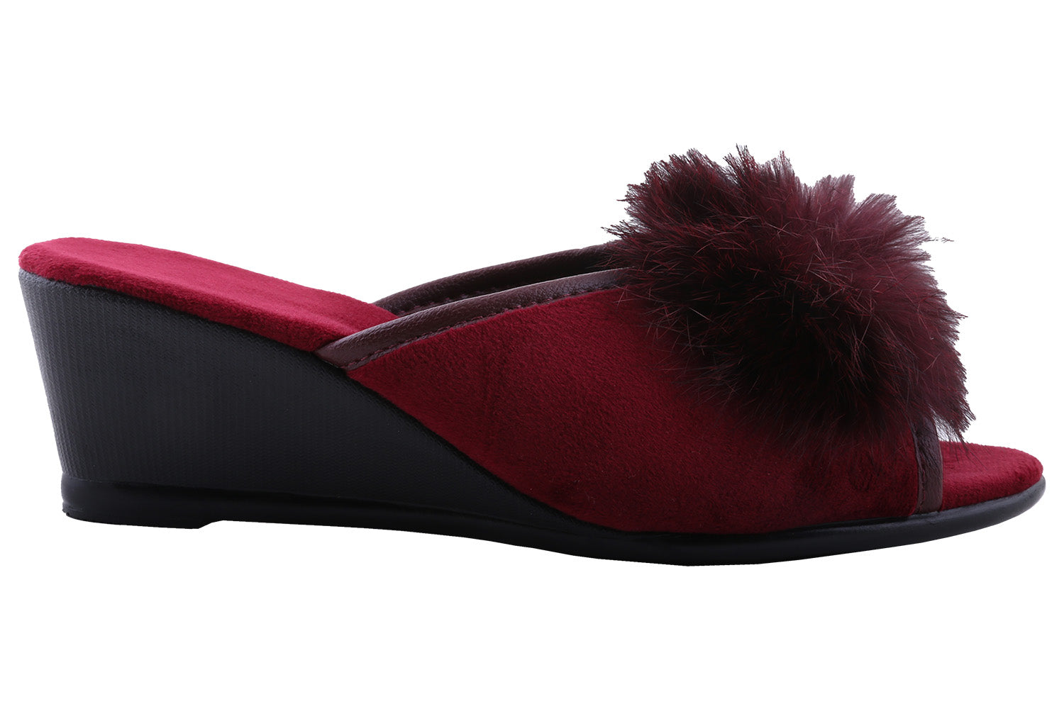 Indoor women's open slippers made of burgundy velvet, decorated with fur.