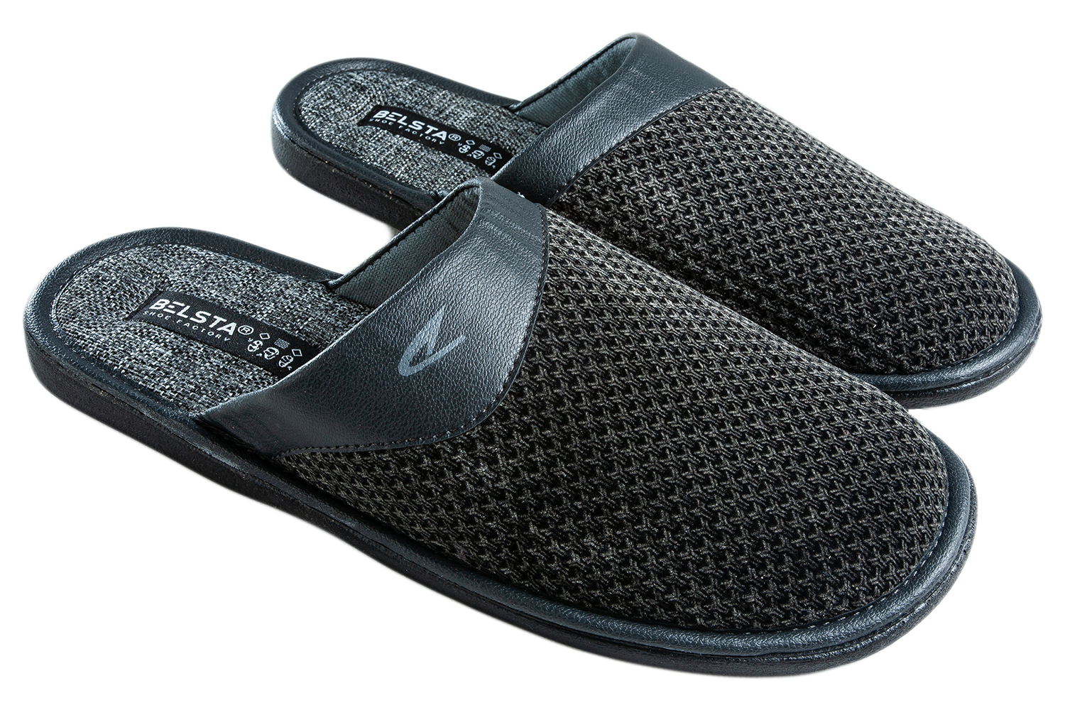 Men's slippers made of black velvet with a print, decorated with a turn-down cuff made of eco-leather.