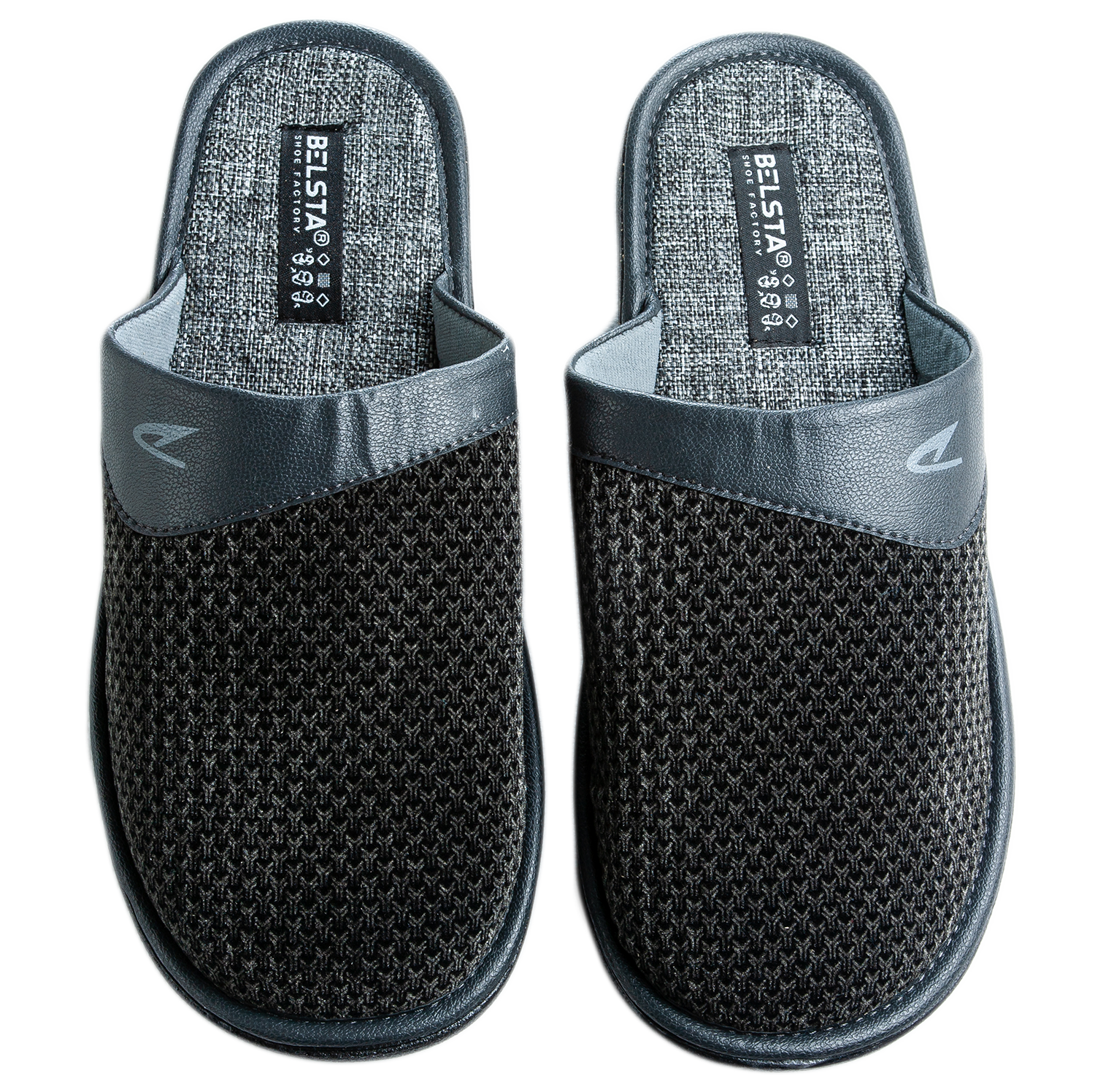Men's slippers made of black velvet with a print, decorated with a turn-down cuff made of eco-leather.