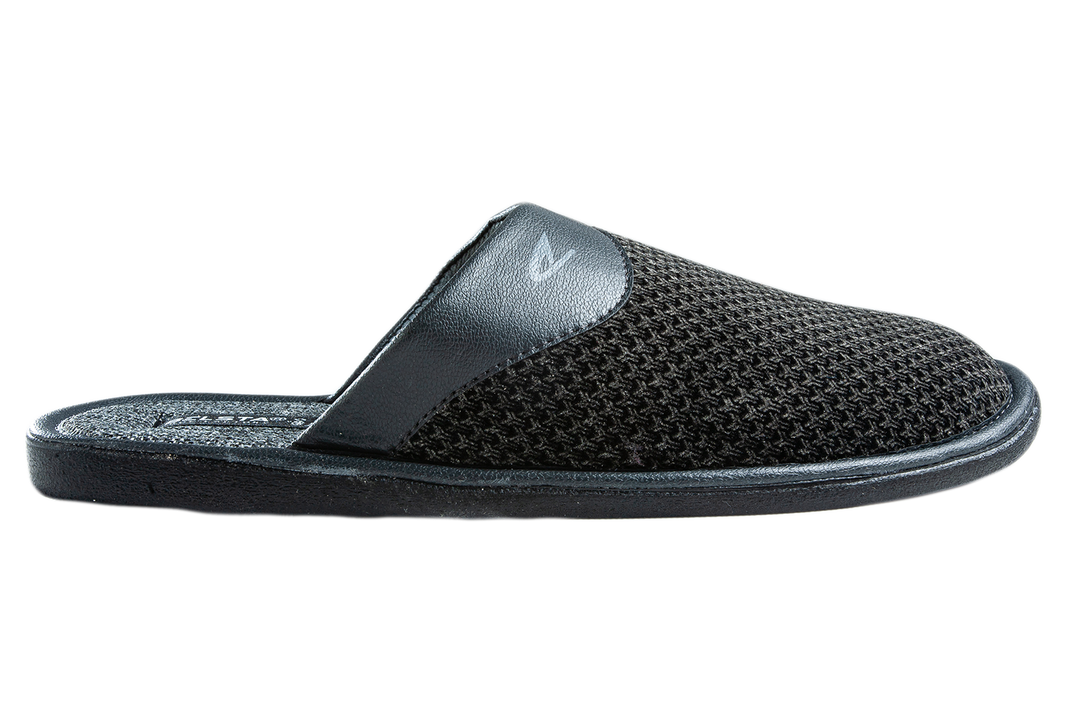 Men's slippers made of black velvet with a print, decorated with a turn-down cuff made of eco-leather.