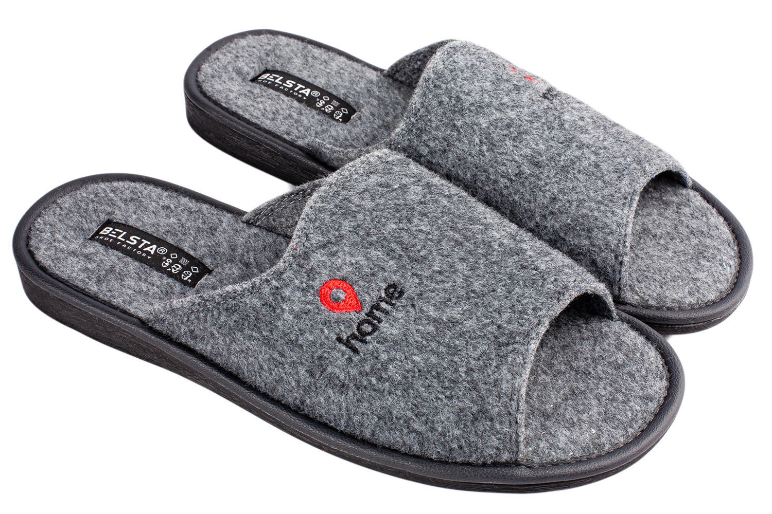 Men's open slippers made of gray Italian felt with "home" embroidery