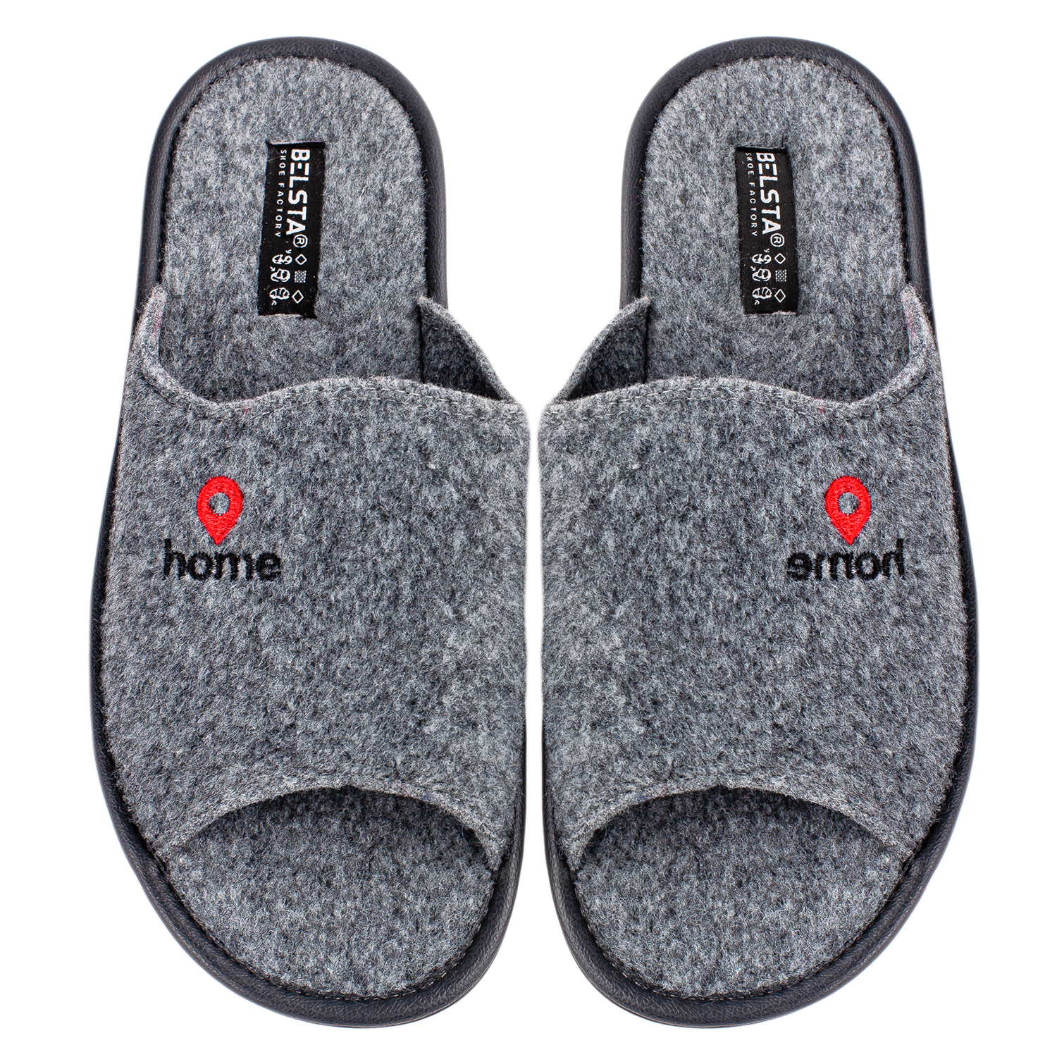 Men's open slippers made of gray Italian felt with "home" embroidery