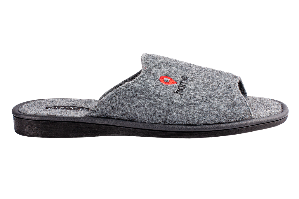 Men's open slippers made of gray Italian felt with "home" embroidery