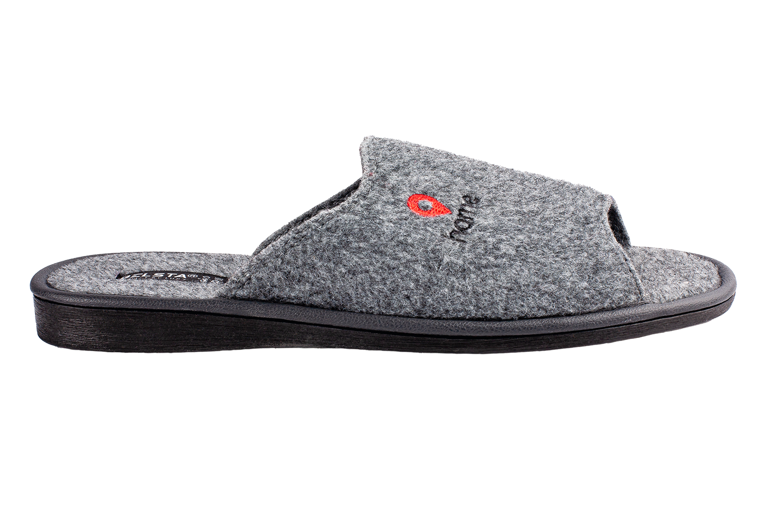 Men's open slippers made of gray Italian felt with "home" embroidery