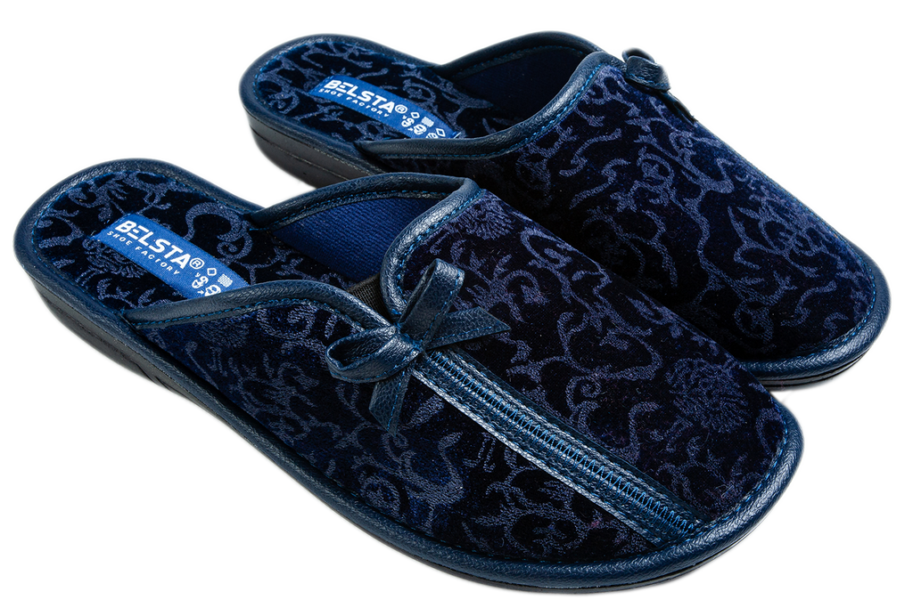 Indoor women's closed dark blue velvet slippers with a patterned print and a bow