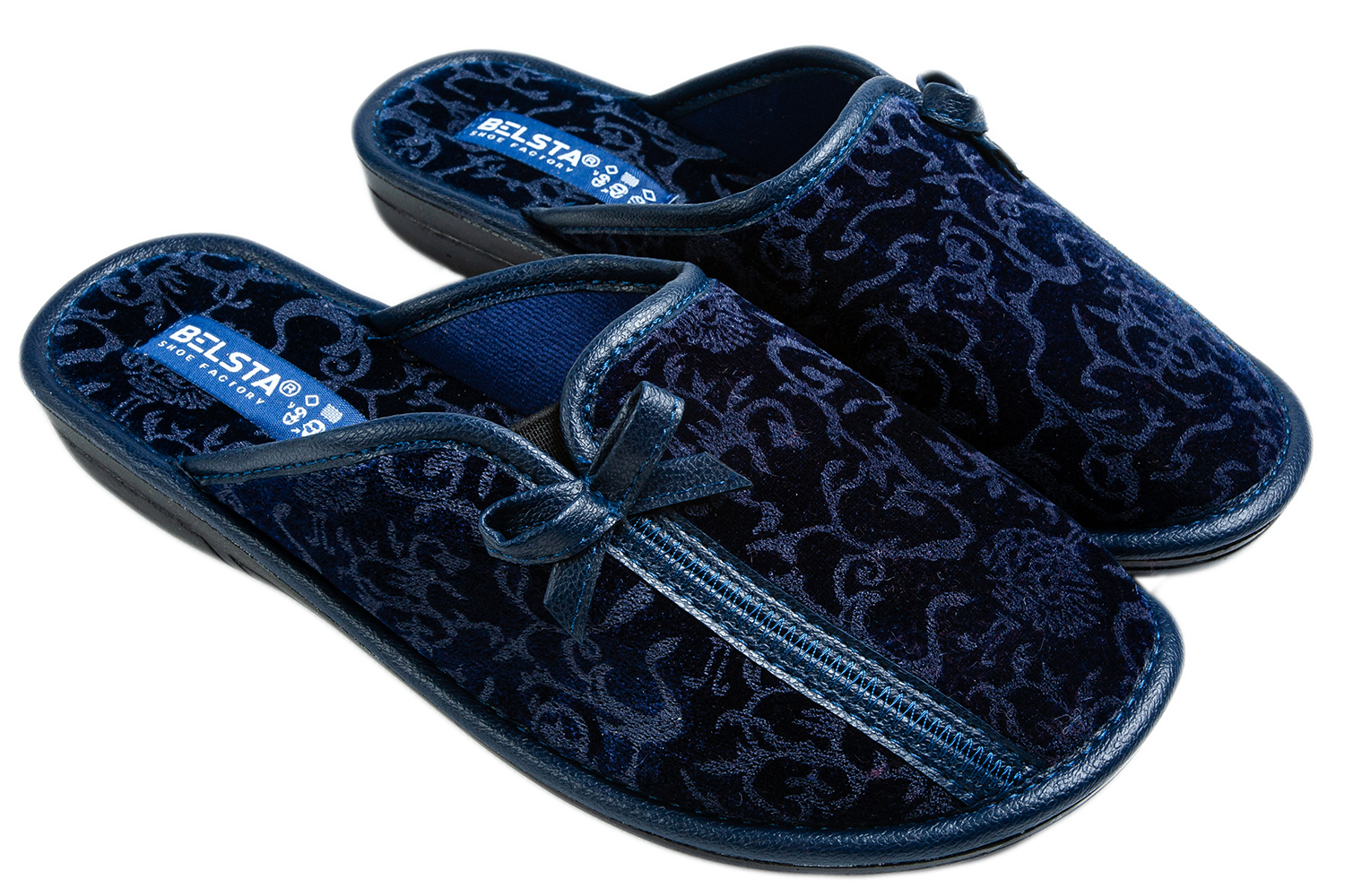 Indoor women's closed dark blue velvet slippers with a patterned print and a bow