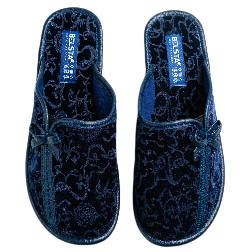 Indoor women's closed dark blue velvet slippers with a patterned print and a bow