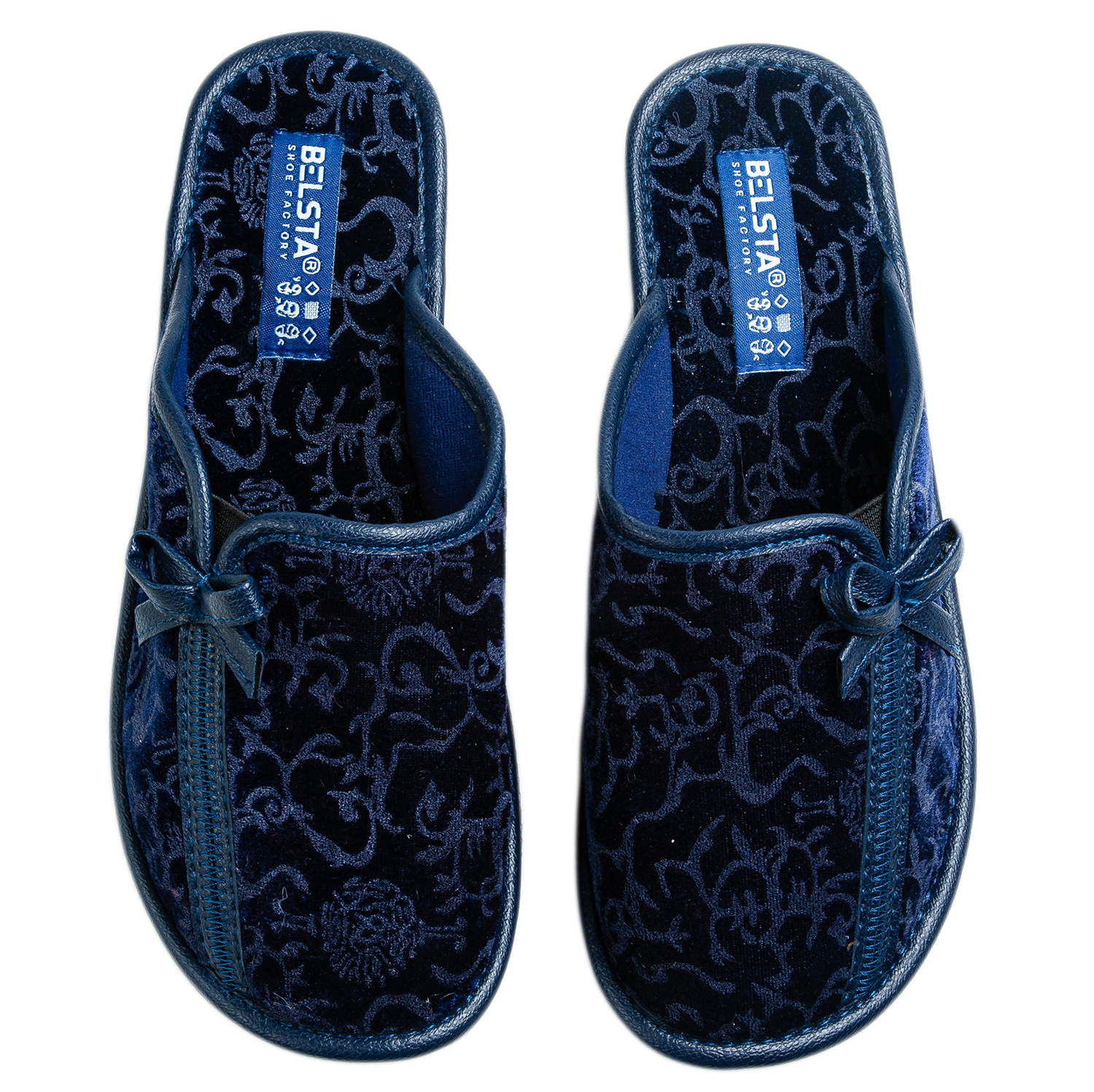 Indoor women's closed dark blue velvet slippers with a patterned print and a bow