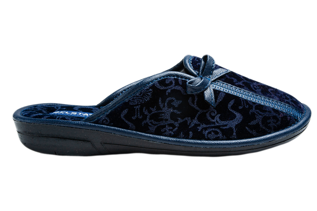 Indoor women's closed dark blue velvet slippers with a patterned print and a bow