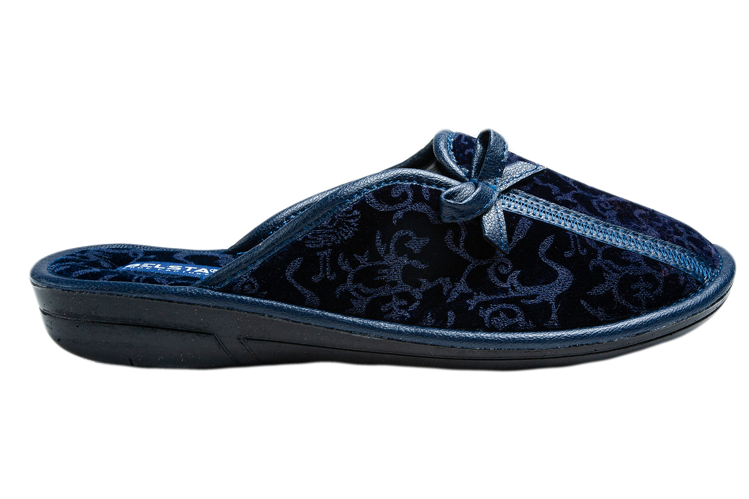 Indoor women's closed dark blue velvet slippers with a patterned print and a bow