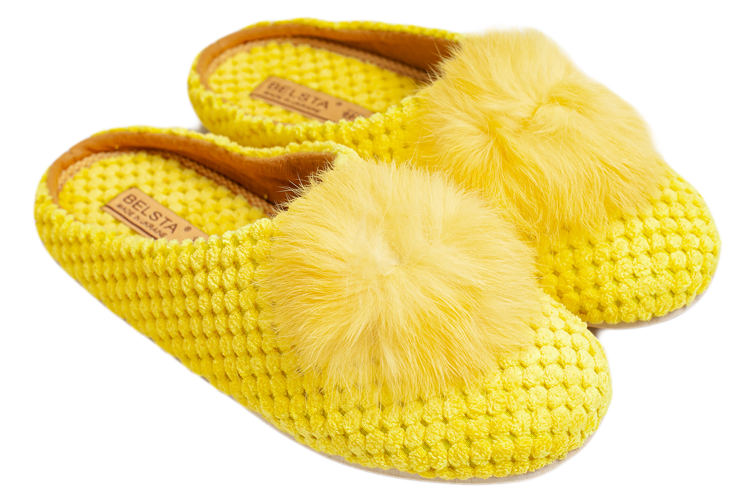 Women's closed-toe house slippers made of yellow textile, decorated with fur