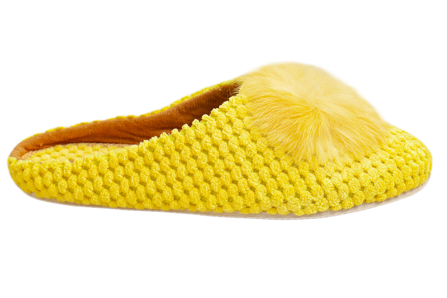 Women's closed-toe house slippers made of yellow textile, decorated with fur