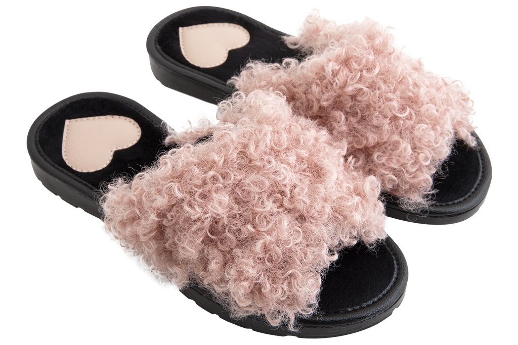 Women's open-toe house slippers made of eco-shearling
