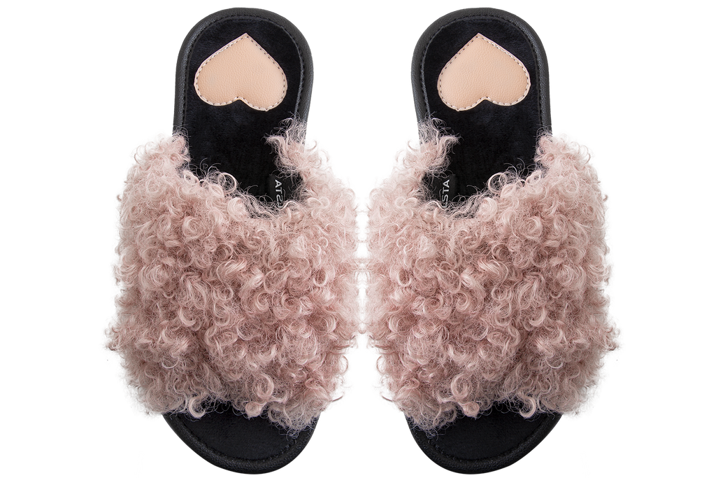Women's open-toe house slippers made of eco-shearling