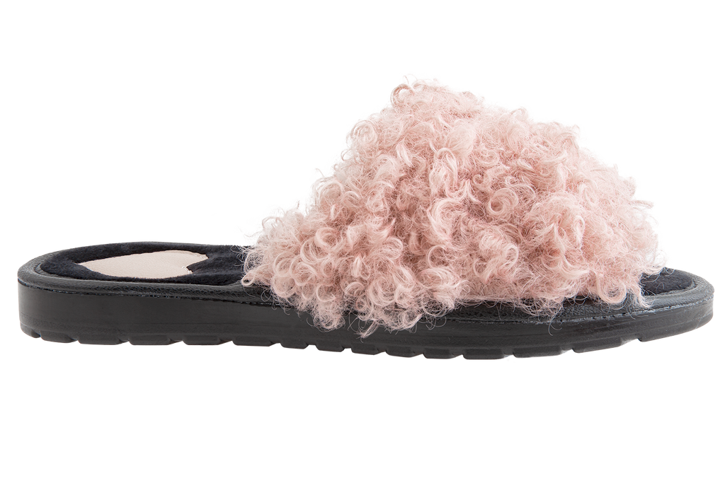 Women's open-toe house slippers made of eco-shearling