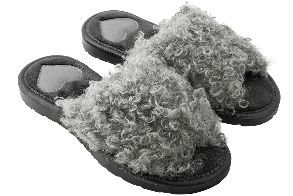 Women's open-toe house slippers made of eco-shearling