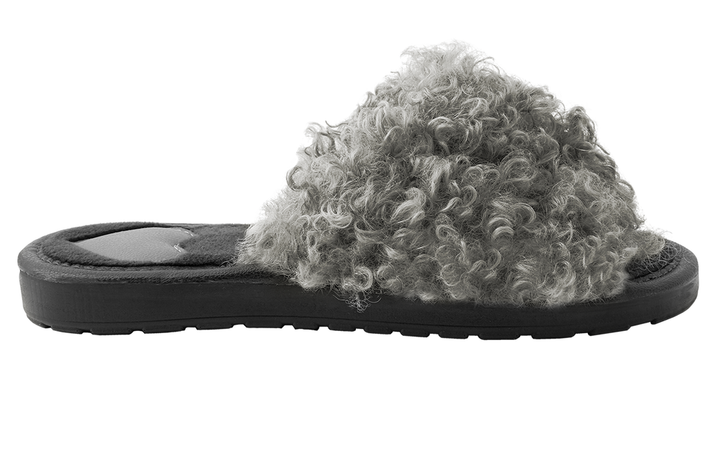 Women's open-toe house slippers made of eco-shearling
