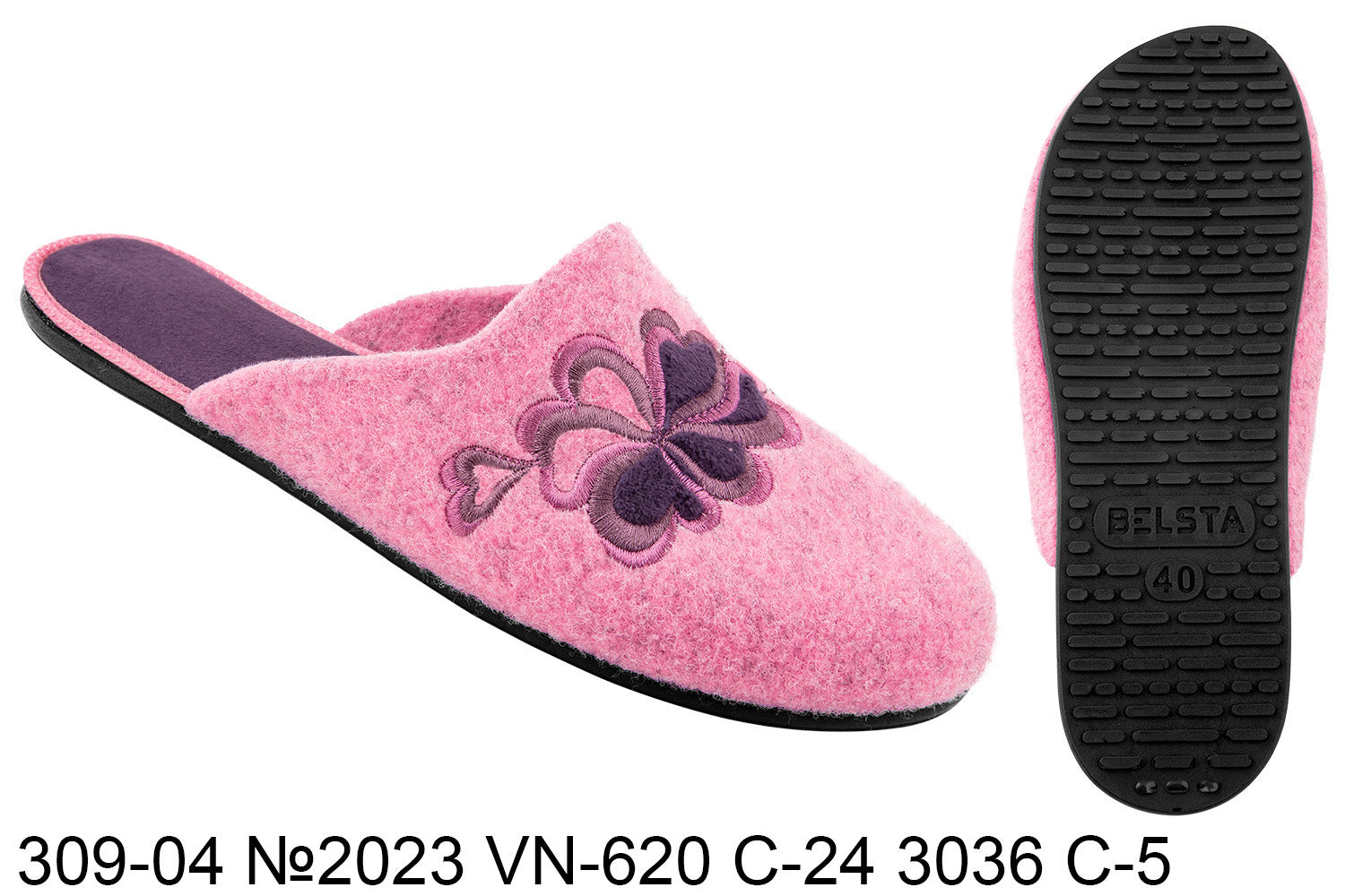 Women's closed-toe slippers made of Italian pink felt, decorated with an embroidered Lily with a Heart