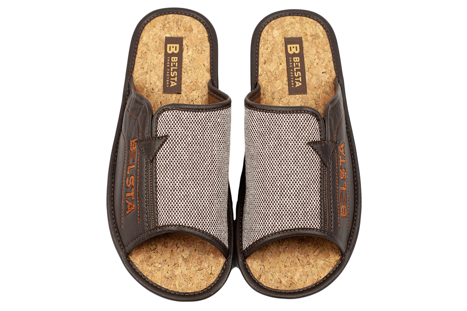 Open home men's slippers made of textile and eco-leather with a cork insole