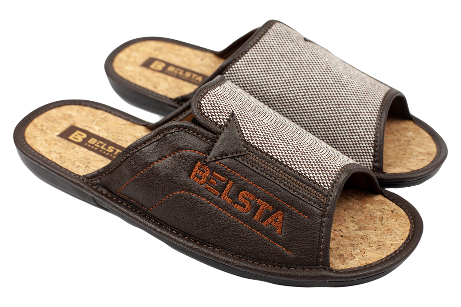 Open home men's slippers made of textile and eco-leather with a cork insole