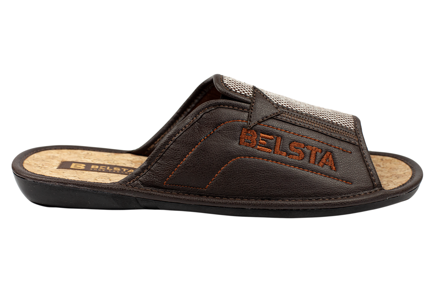 Open home men's slippers made of textile and eco-leather with a cork insole