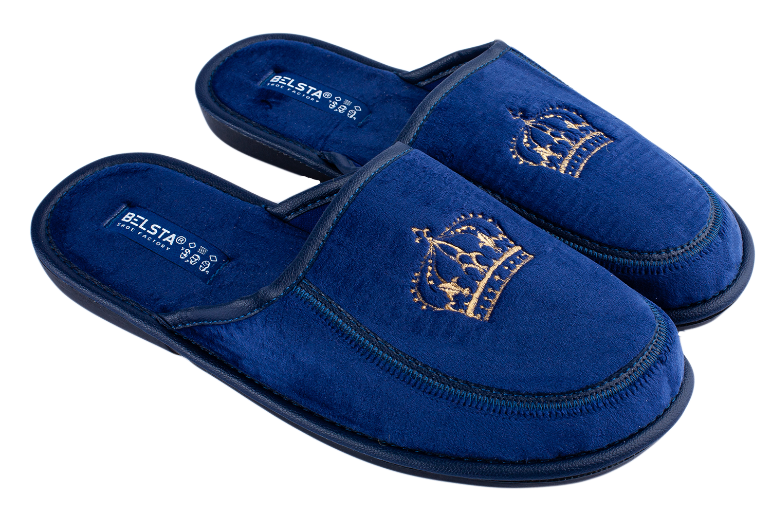 Men's closed-toe house slippers made of blue velour, decorated with an embroidered Crown