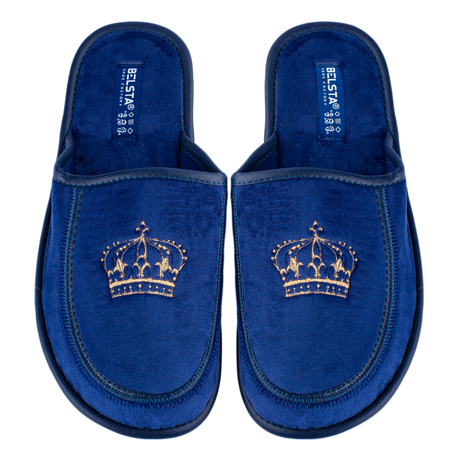Men's closed-toe house slippers made of blue velour, decorated with an embroidered Crown