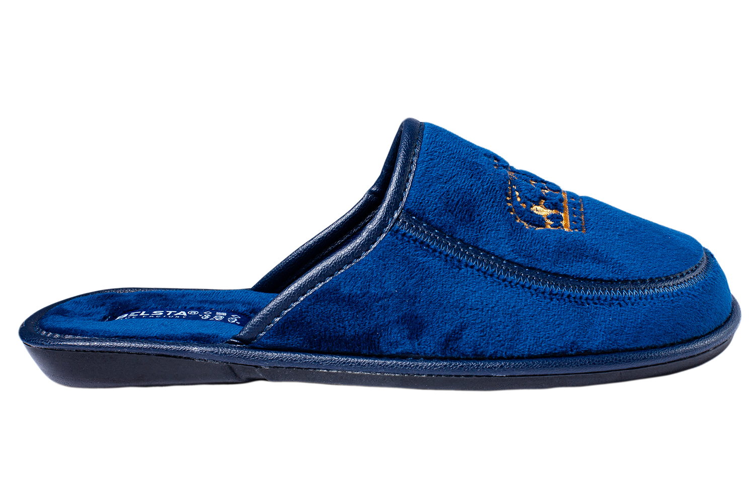 Men's closed-toe house slippers made of blue velour, decorated with an embroidered Crown