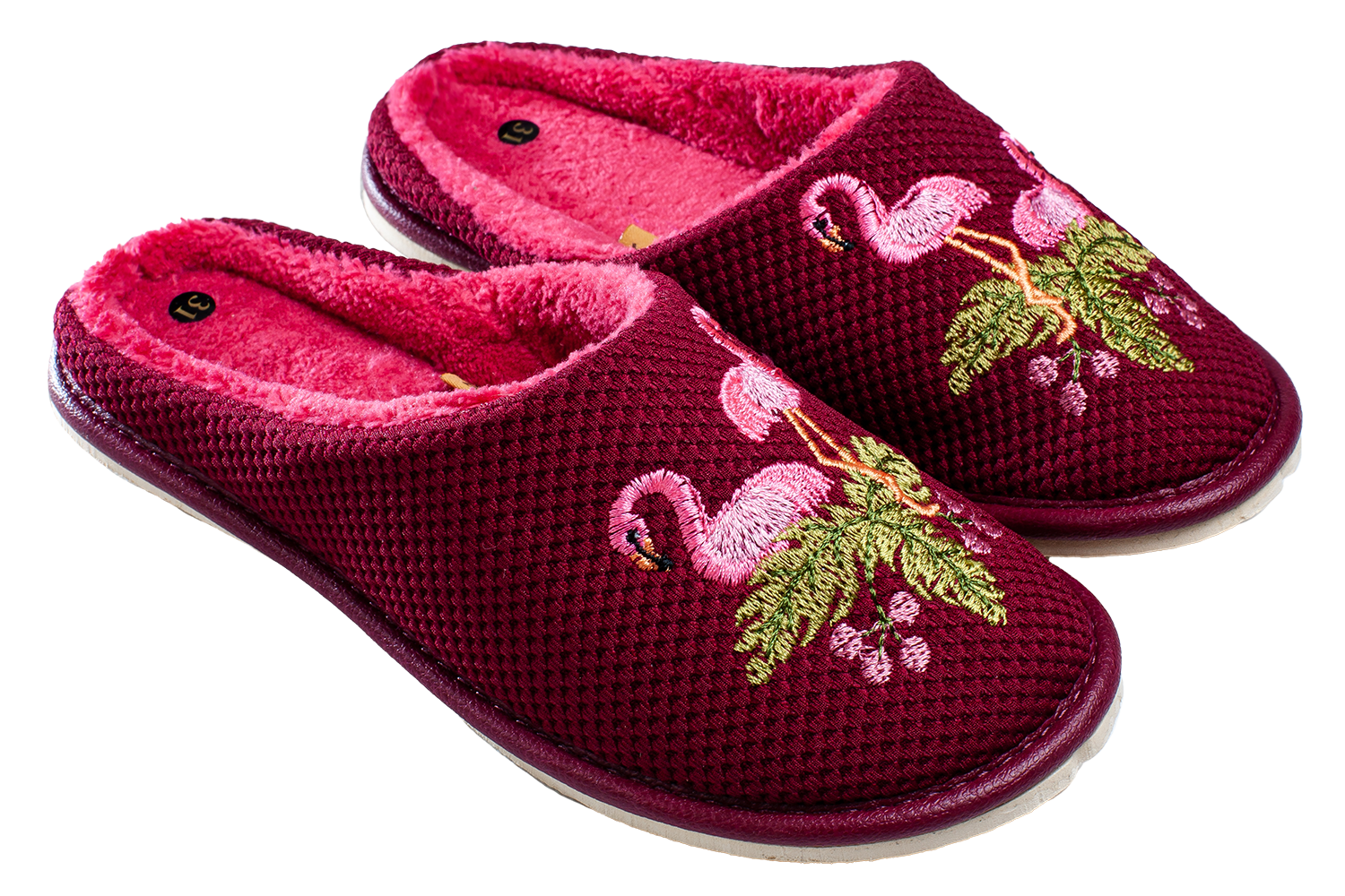 Children's closed-toe house slippers made of burgundy textile, decorated with a Flamingo