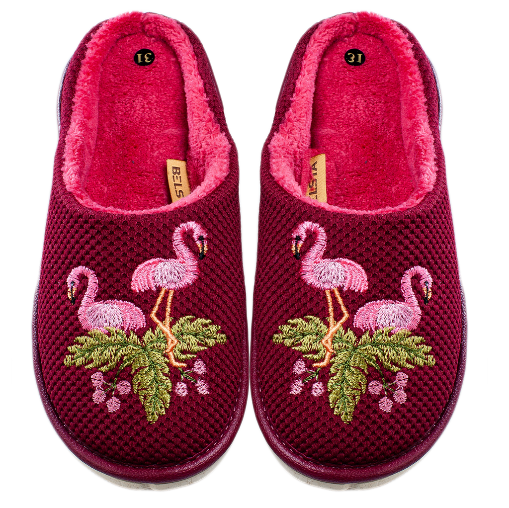 Children's closed-toe house slippers made of burgundy textile, decorated with a Flamingo