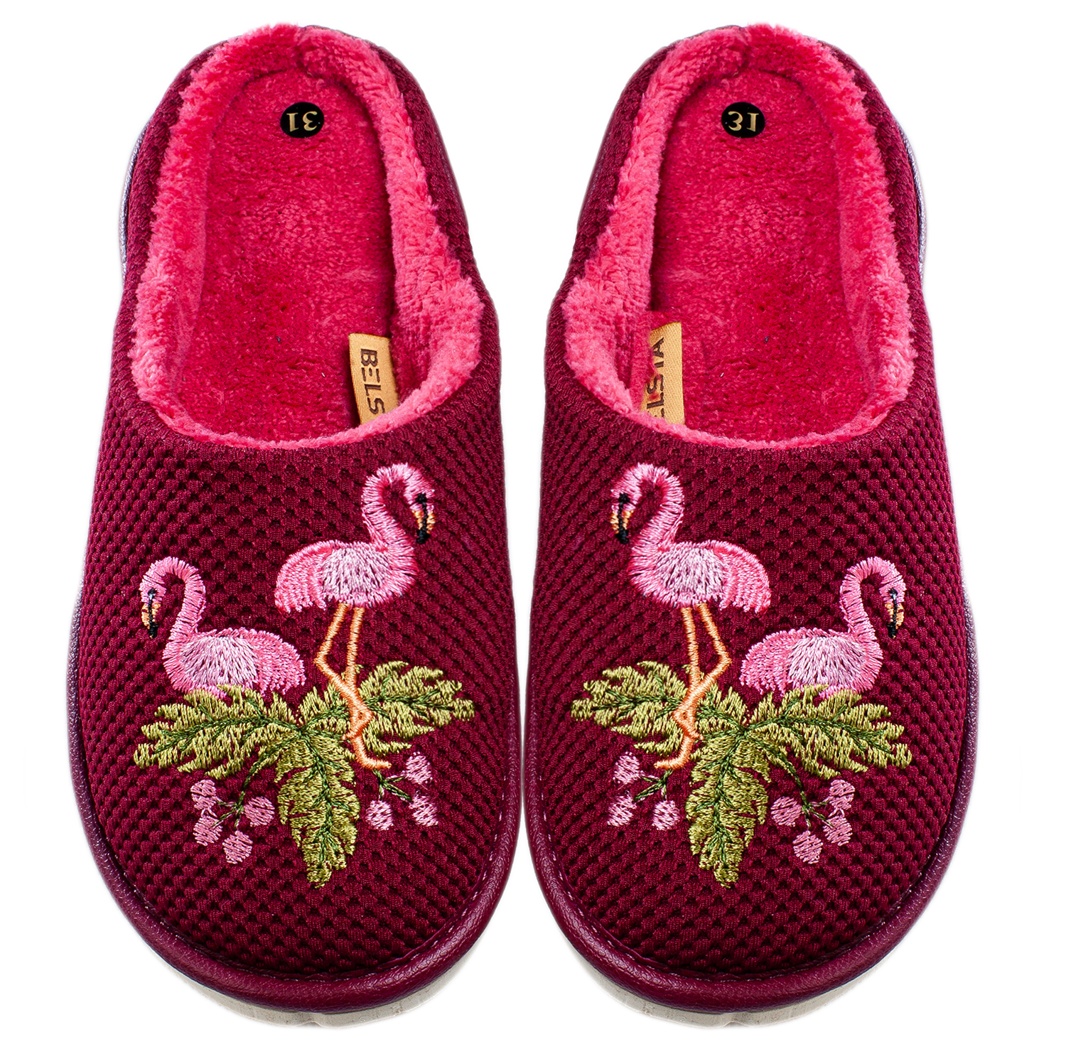 Children's closed-toe house slippers made of burgundy textile, decorated with a Flamingo