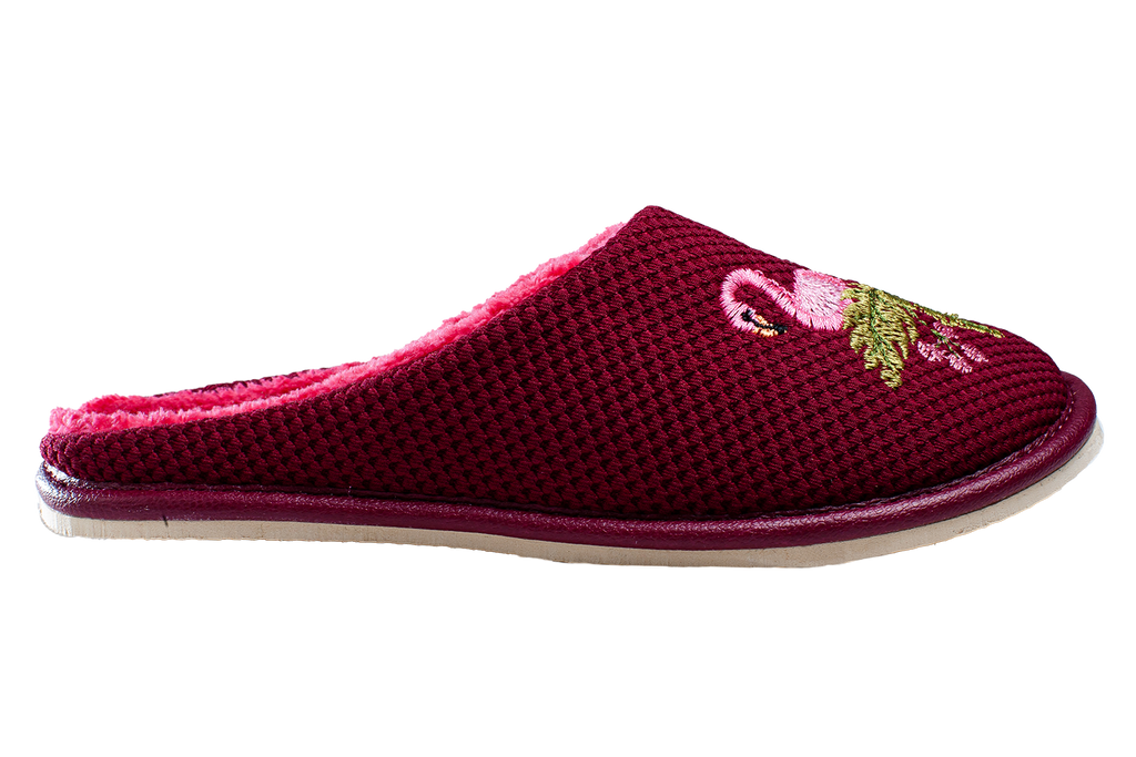 Children's closed-toe house slippers made of burgundy textile, decorated with a Flamingo