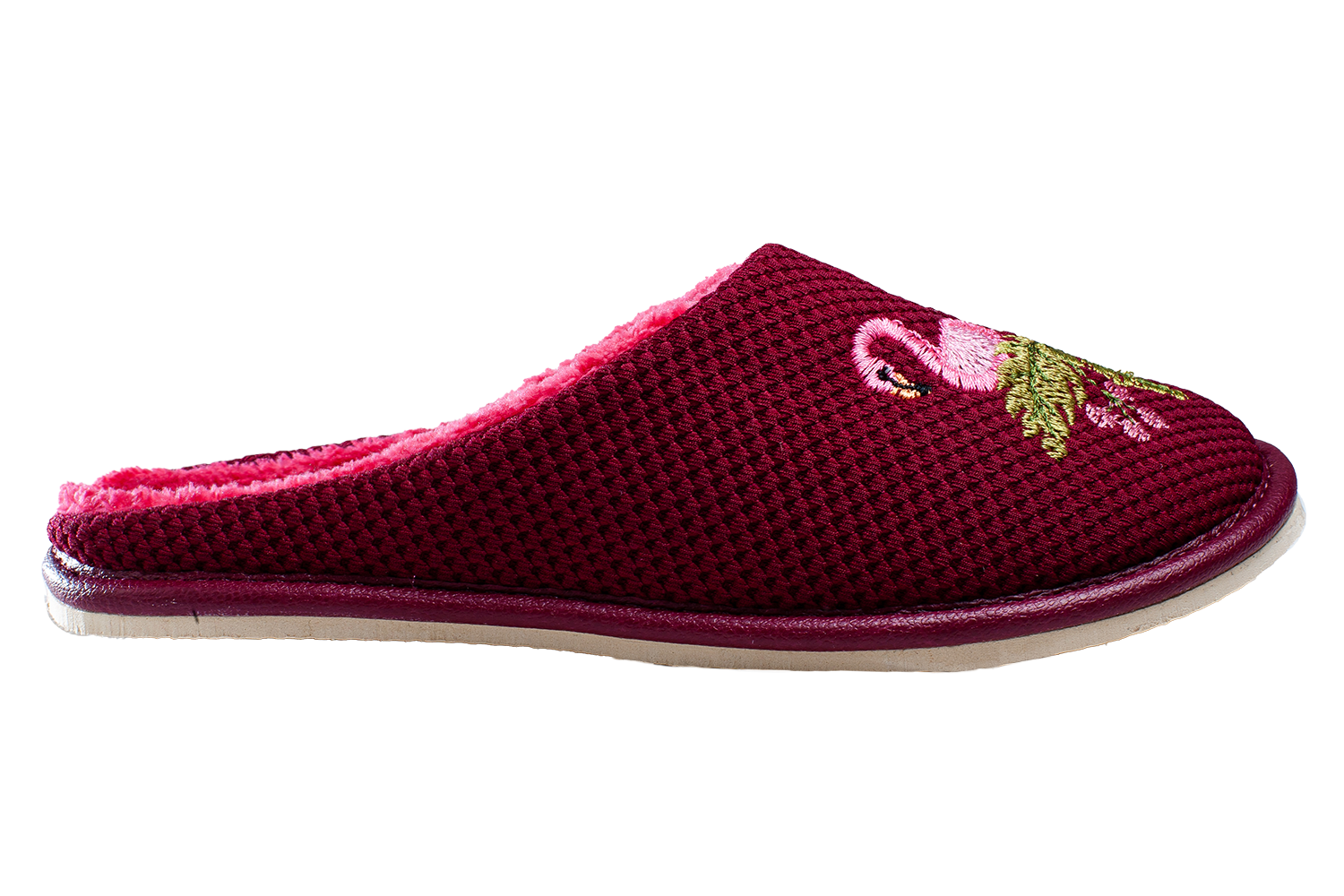 Children's closed-toe house slippers made of burgundy textile, decorated with a Flamingo