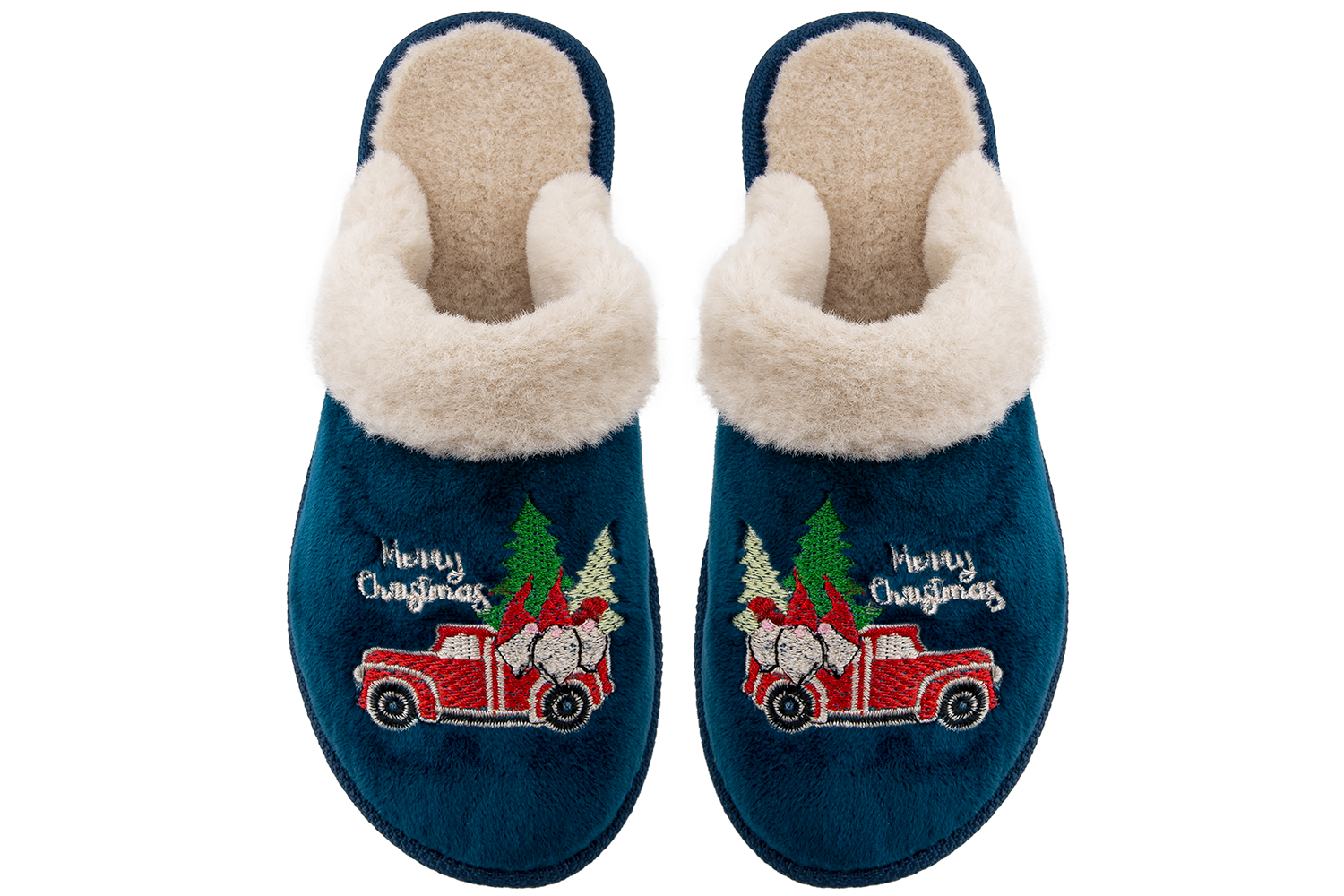 Women's closed slippers made of blue velvet and fur, decorated with Christmas embroidery.