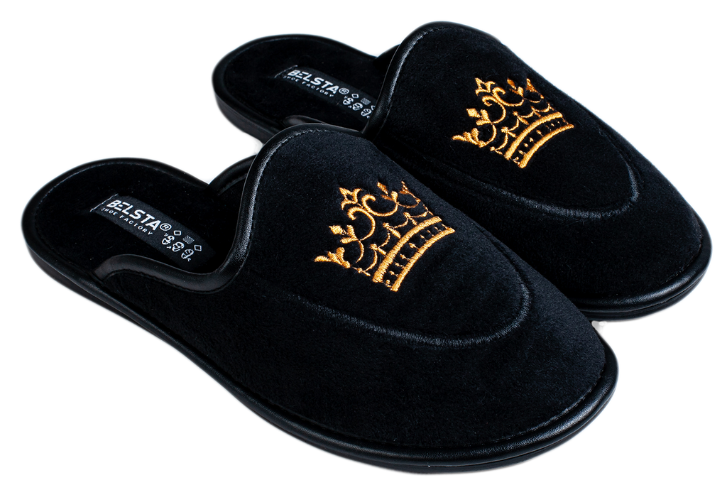 Women's closed slippers made of black velvet, decorated with a Crown embroidery.