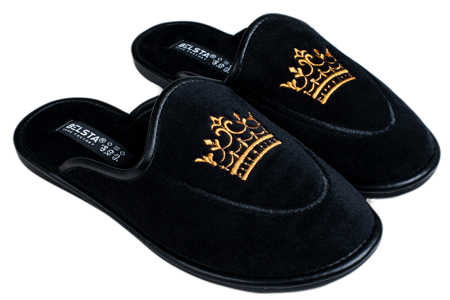 Women's closed slippers made of black velvet, decorated with a Crown embroidery.