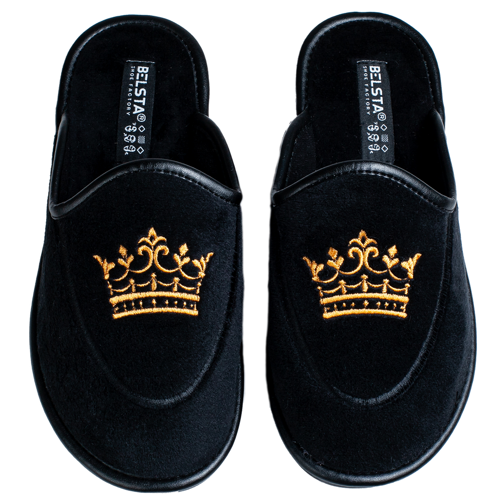 Women's closed slippers made of black velvet, decorated with a Crown embroidery.
