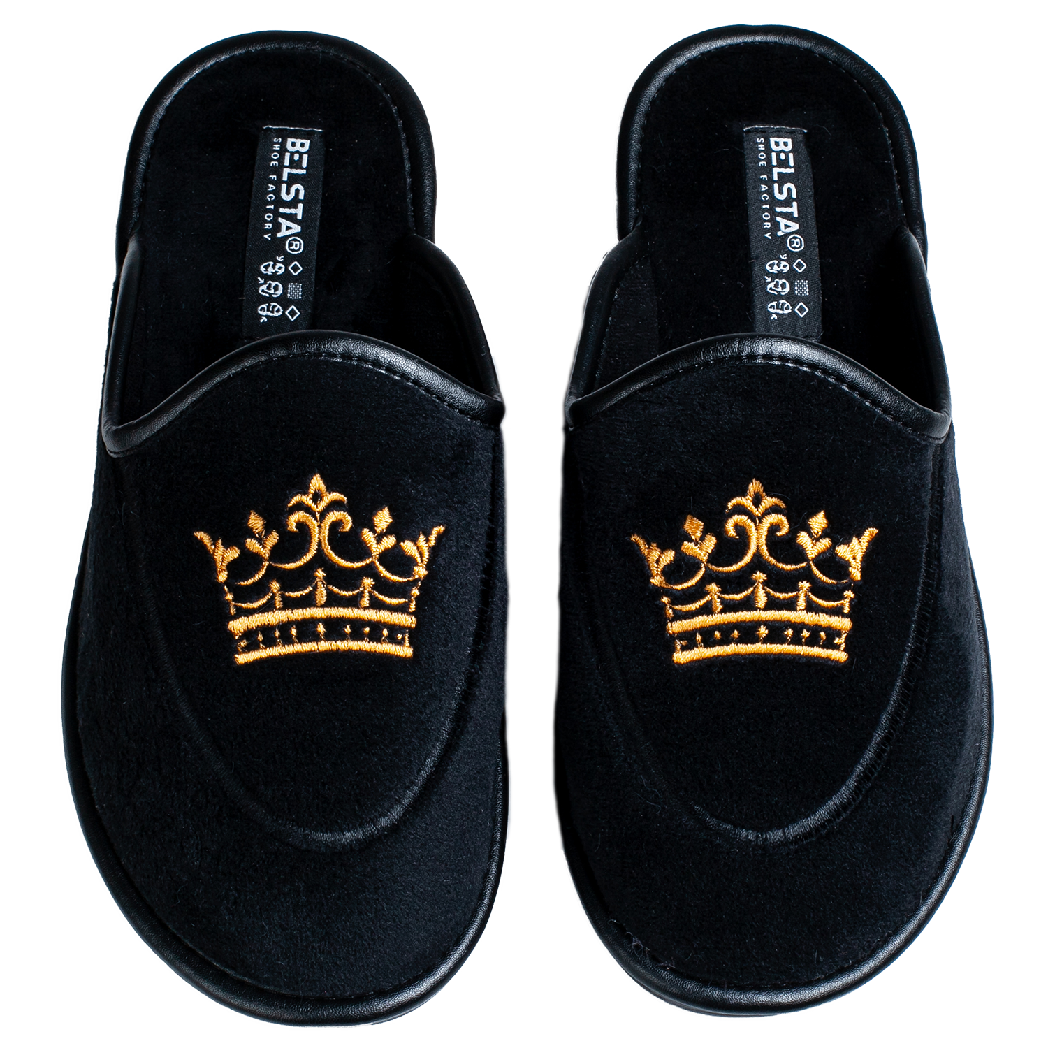 Women's closed slippers made of black velvet, decorated with a Crown embroidery.