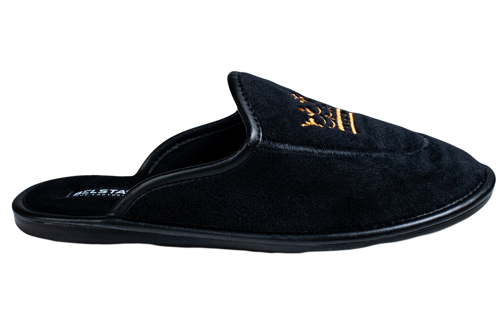 Women's closed slippers made of black velvet, decorated with a Crown embroidery.