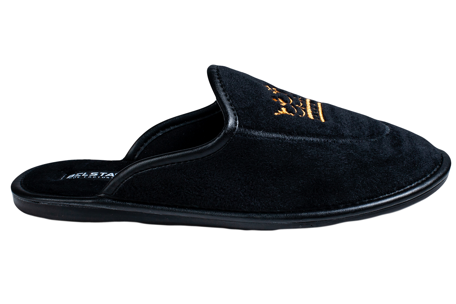 Women's closed slippers made of black velvet, decorated with a Crown embroidery.