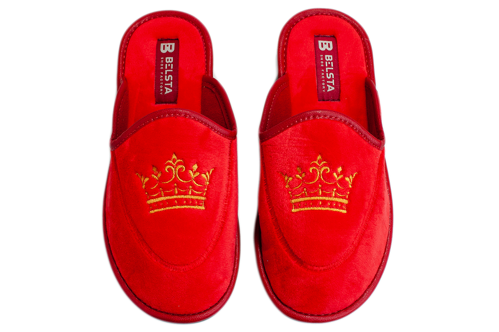 Women's closed slippers made of black velvet, decorated with a Crown embroidery.