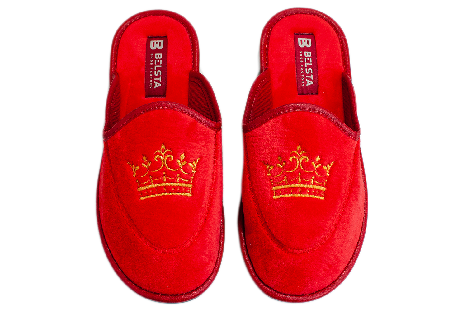 Women's closed slippers made of black velvet, decorated with a Crown embroidery.