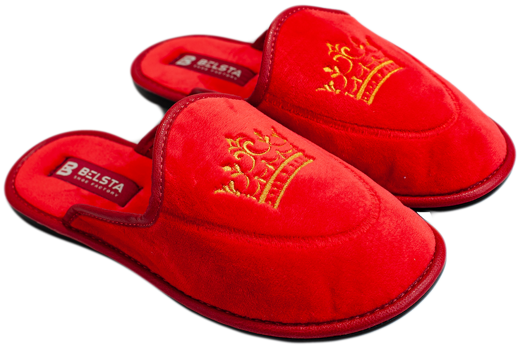 Women's closed slippers made of black velvet, decorated with a Crown embroidery.