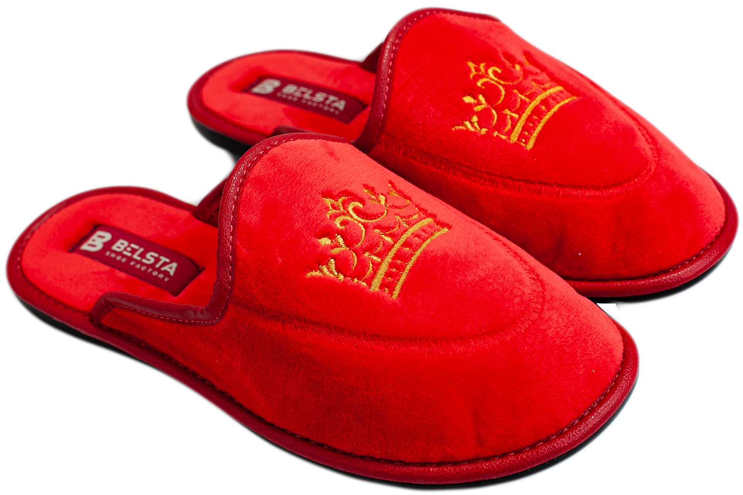 Women's closed slippers made of black velvet, decorated with a Crown embroidery.