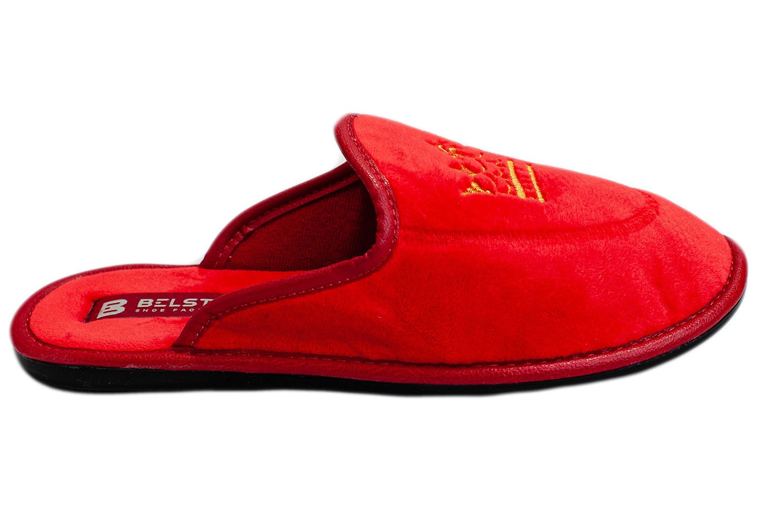 Women's closed slippers made of black velvet, decorated with a Crown embroidery.