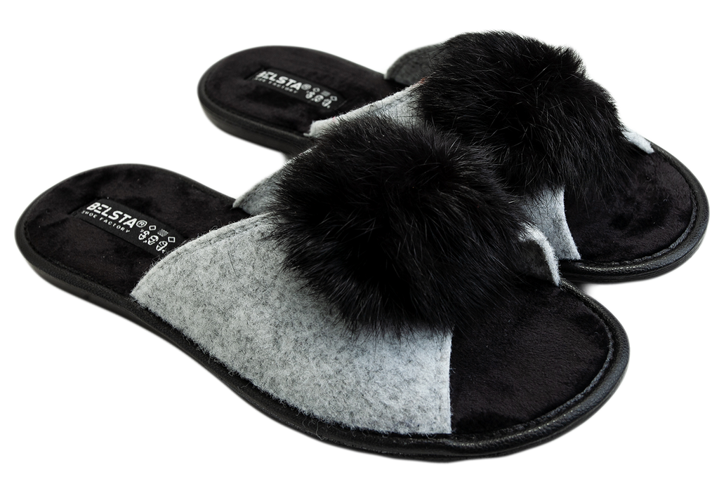 Open women's slippers made of Italian felt with fur