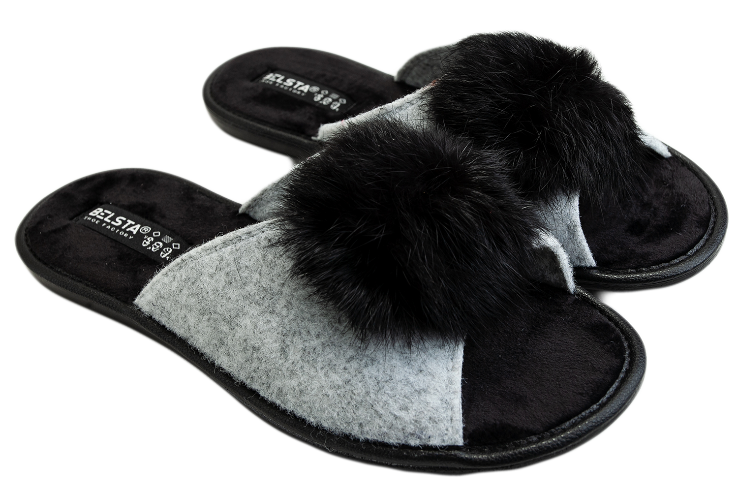 Open women's slippers made of Italian felt with fur