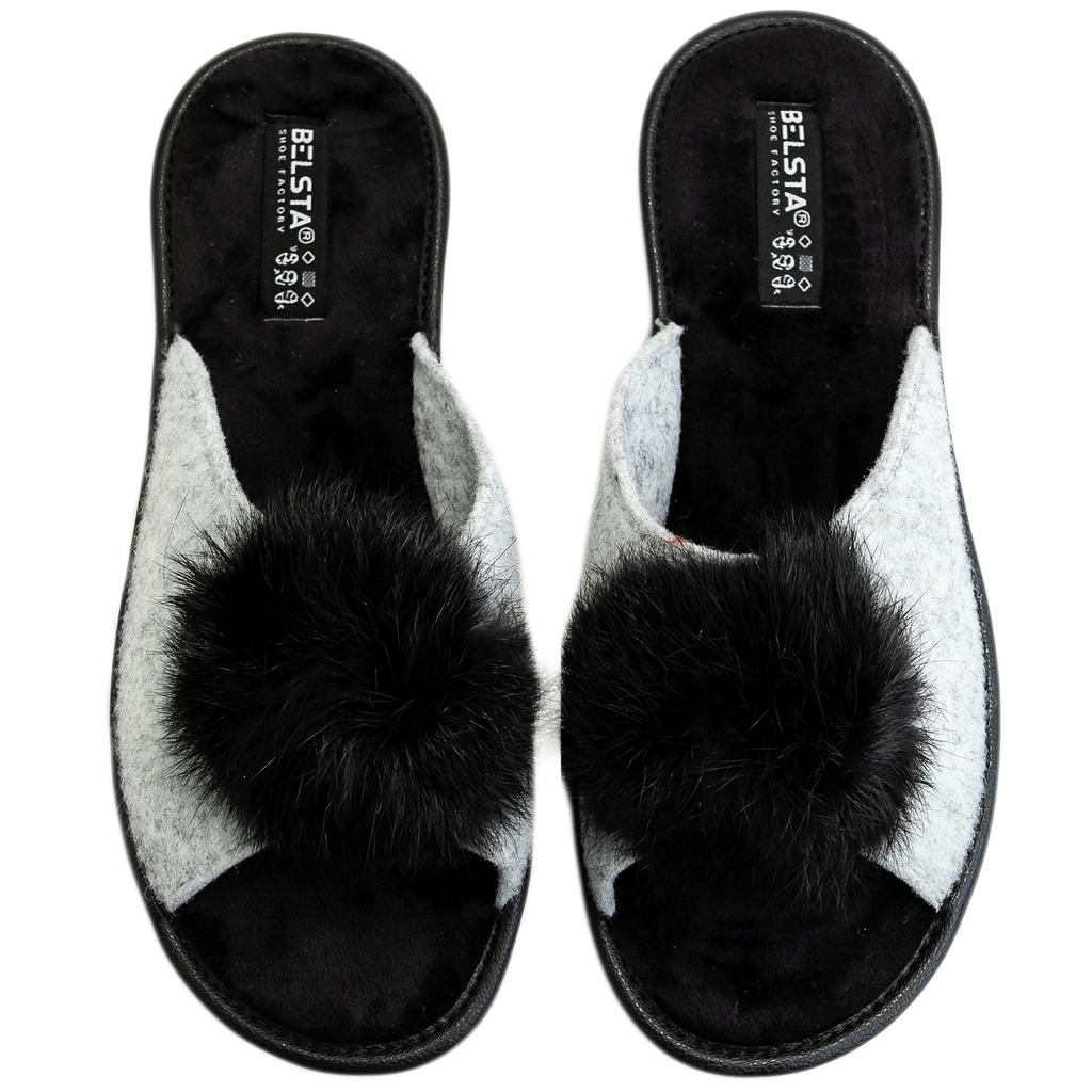 Open women's slippers made of Italian felt with fur